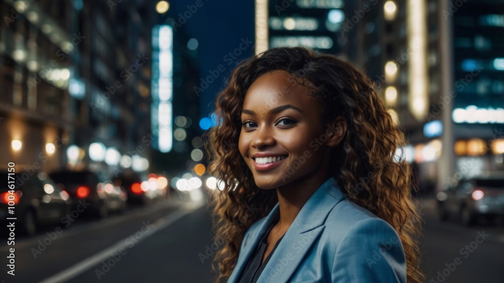 portrait of a young beautiful smiling african girl with with glasses she looking at camara with loose hair dressed in a business suit, night city at background portrait of a young beautiful smiling african girl with with glasses she looking at camara with loose hair dressed in a business suit, night city at background