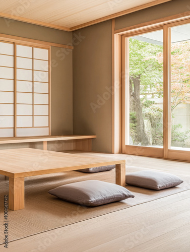 Minimalist Japanese-style room with tatami mats and large windows showcasing tranquil garden views