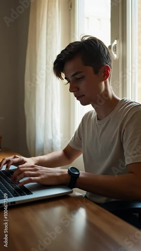 A young man is sitting at a desk with a laptop and a notebook. He is typing on the laptop and looking at the notebook. Scene is focused and studious