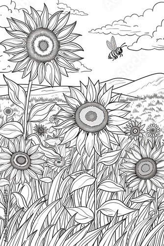 Sunflowers in a field with a bee flying nearby, designed for coloring
