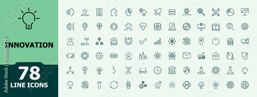 Innovation icon set. Related to discover, creativity, invention, prototype, revolution, idea, revolution and more. Mimimalist vector icons collection.