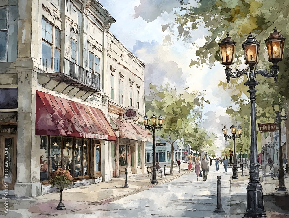 Fototapeta premium Quaint Main Street with Old Fashioned Storefronts Gas Lamps and Wrought Iron Fixtures A Peaceful Idyllic Americana Atmosphere with Muted Tones and a Watercolor Like Finish