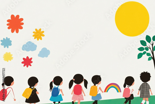Children walking together under a bright sun with colorful backpacks and flowers