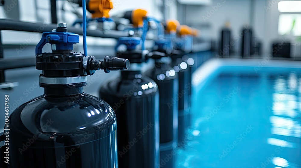 Water filtration system for pools. This photo can be used for websites or marketing materials related to pool maintenance.