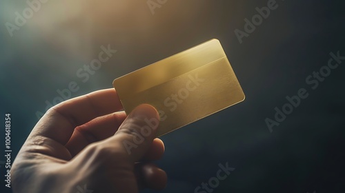 A hand holds a shiny gold credit card against a soft-focus background, highlighting luxury and financial themes.