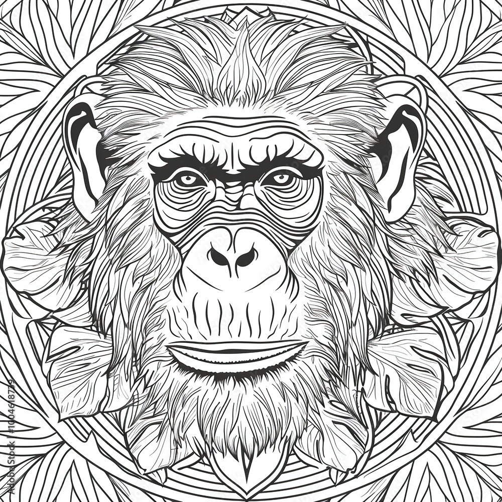 Intricate chimpanzee face illustration with detailed patterns in black and white Intricate chimpanzee face illustration with detailed patterns in black and white