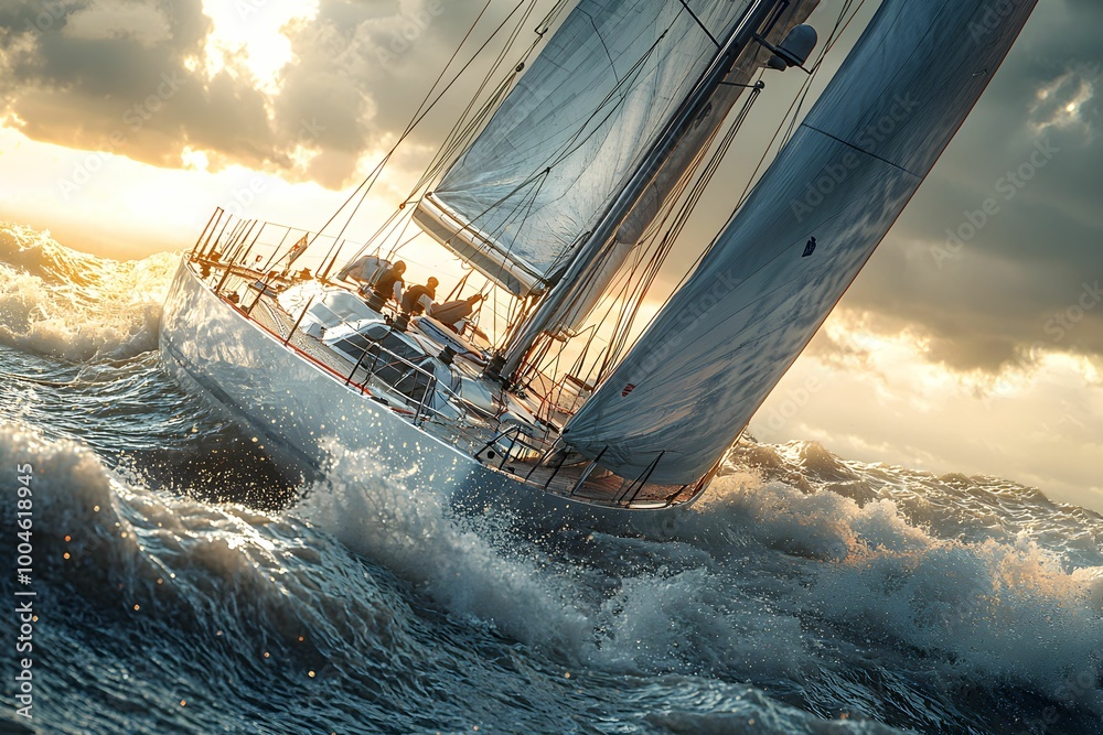 Obraz premium Sailboat navigating through turbulent waves during sunset