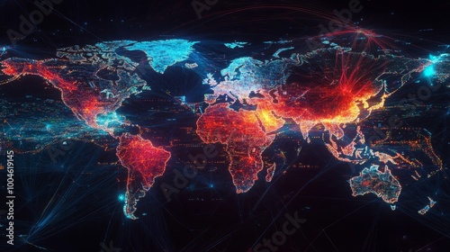 A digital world map visualizing data flow and connectivity across regions.