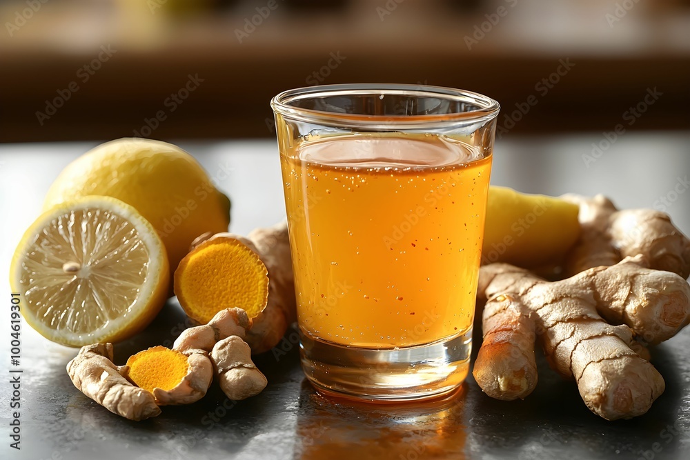 Fresh ginger turmeric drink with lemon on a kitchen countertop Fresh ginger turmeric drink with lemon on a kitchen countertop