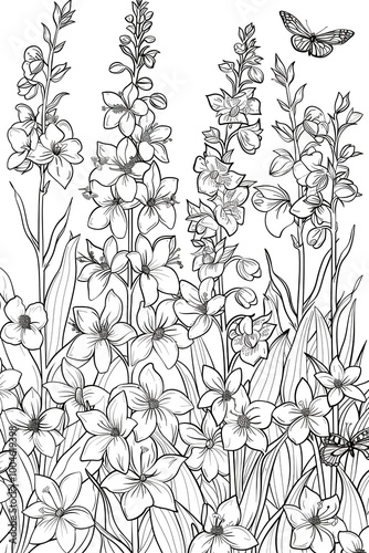 Detailed floral illustration with tall flowers, butterflies, and clouds designed for coloring