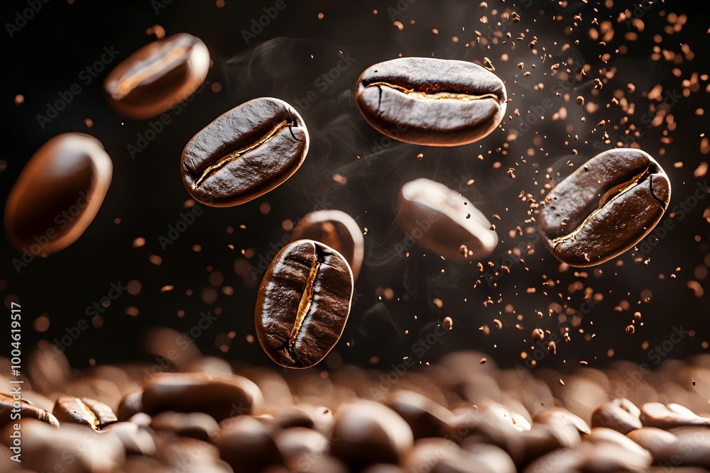 Floating coffee beans in air against a dark background Floating coffee beans in air against a dark background