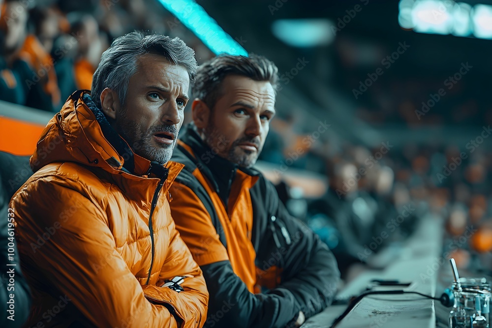 Obraz premium Spectators in orange jackets watching a live game at the stadium