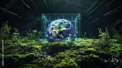Earth Enclosed in Digital Cube on Green Moss, representing technology's influence on the environment and ecological protection.