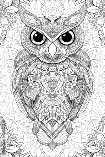 Decorative owl illustration with detailed patterns and floral elements in black and white photo