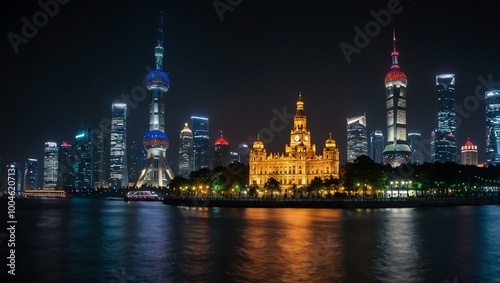 Blurred city night scene of Shanghai’s The Bund.