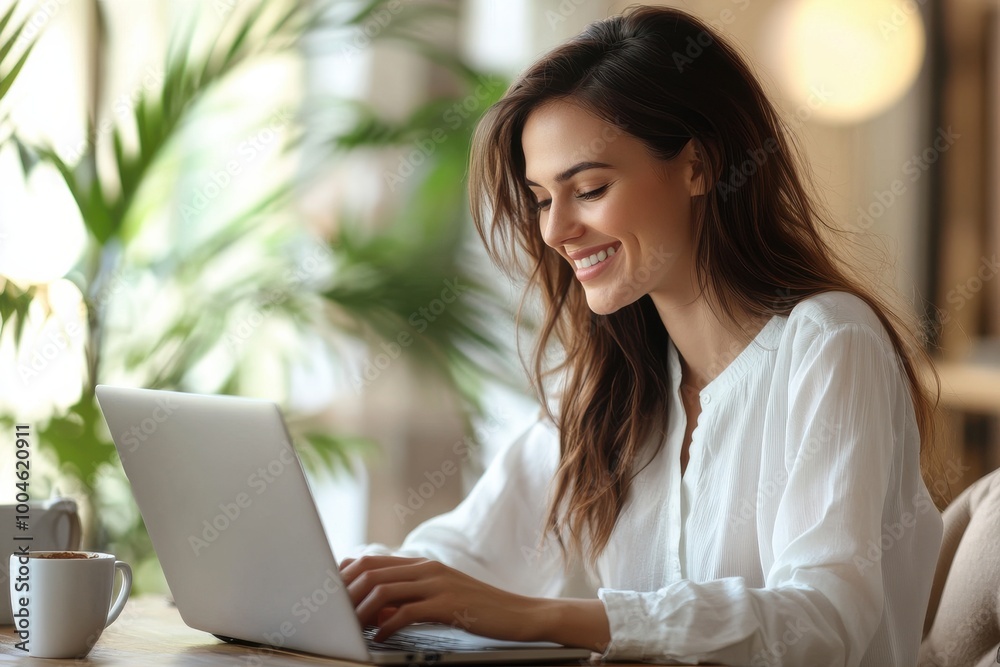 Woman Smiling While Working on Laptop in Cozy Cafe with natural light. Woman Smiling While Working on Laptop in Cozy Cafe with natural light.