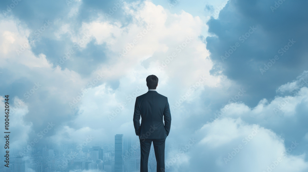 Businessman standing above cityscape amidst dramatic clouds in a surrealist dream like illustration Businessman standing above cityscape amidst dramatic clouds in a surrealist dream like illustration