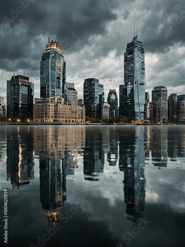 Blurred skyscrapers reflected in water with cloudy skies.