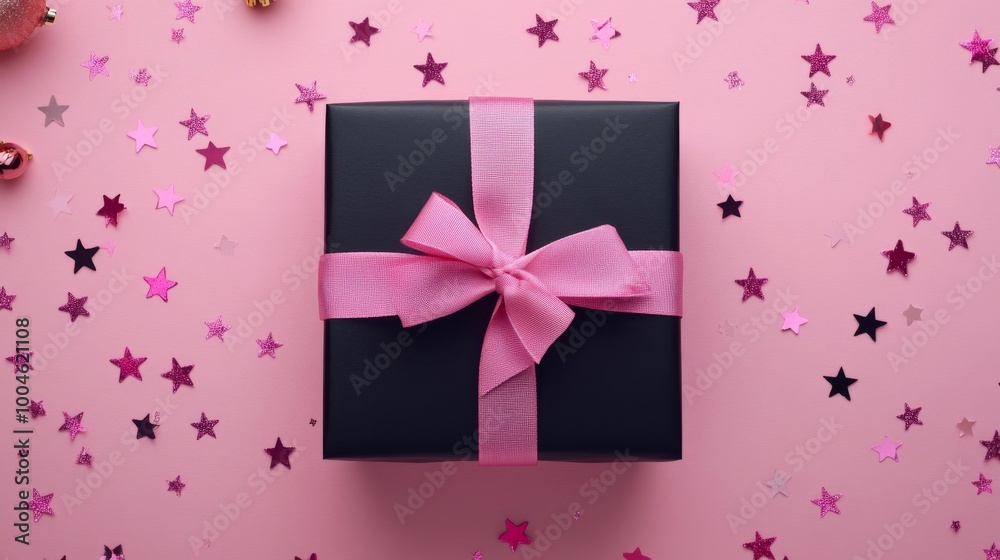 Black gift box with pink ribbon on pink background with star shaped confetti Black gift box with pink ribbon on pink background with star shaped confetti