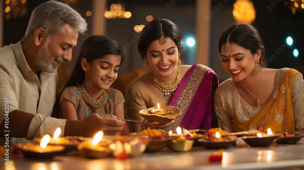 Multi-generational family celebrating Diwali together with traditional decorations and a festive feast at home Multi-generational family celebrating Diwali together with traditional decorations and a festive feast at home