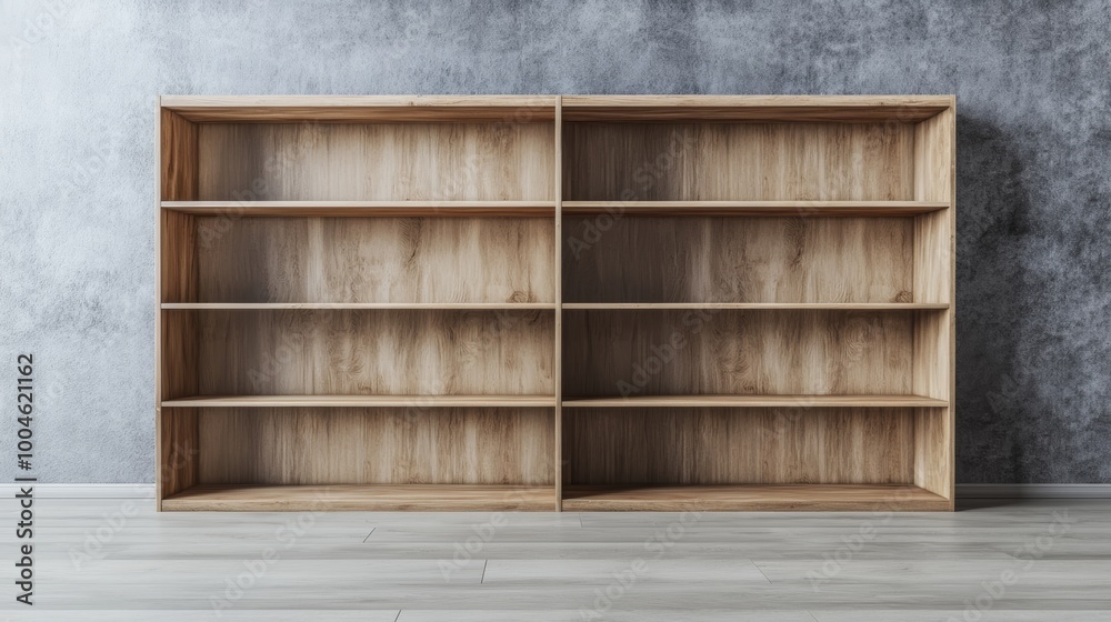 A large, empty wooden bookshelf standing against a neutral grey wall in a brightly lit room, ready for product display A large, empty wooden bookshelf standing against a neutral grey wall in a brightly lit room, ready for product display