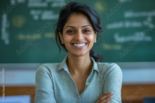 Yoing female Indian teacher in classroom  photo