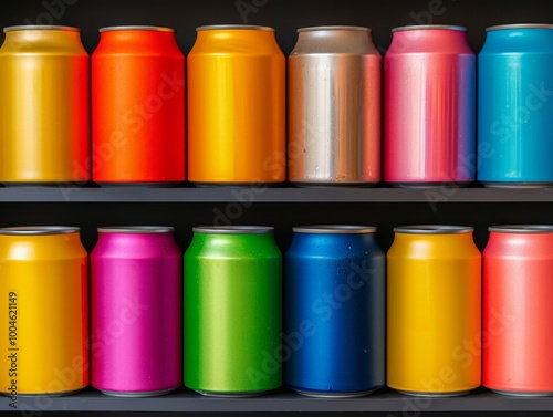 Colorful collection of beverage cans arranged on a shelf.