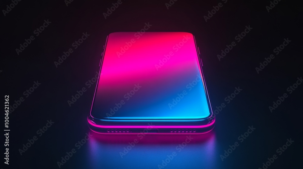 Modern smartphone showing blank screen glowing in neon light