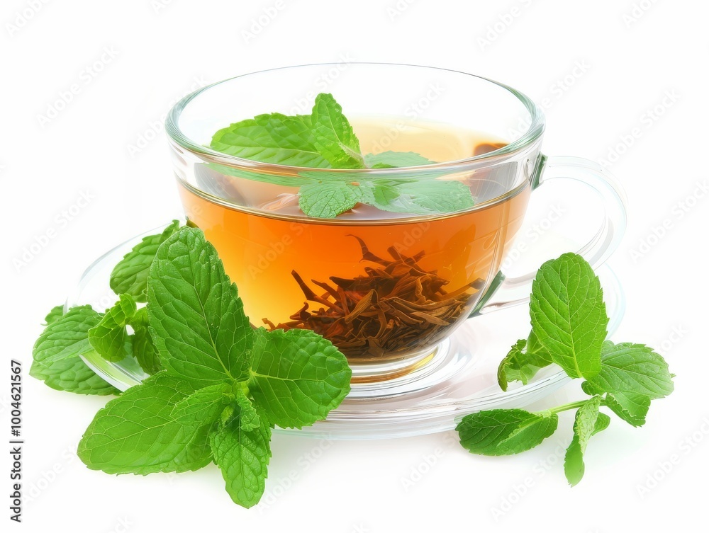 A cup of peppermint tea with fresh mint leaves on a white background A cup of peppermint tea with fresh mint leaves on a white background