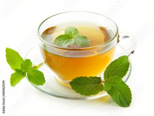 A cup of peppermint tea with fresh mint leaves on a white background