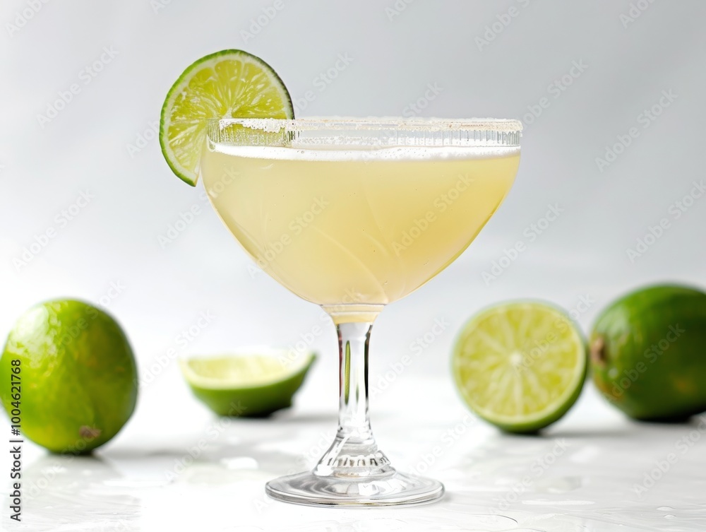 A daiquiri in a coupe glass with a lime wedge on a white background A daiquiri in a coupe glass with a lime wedge on a white background