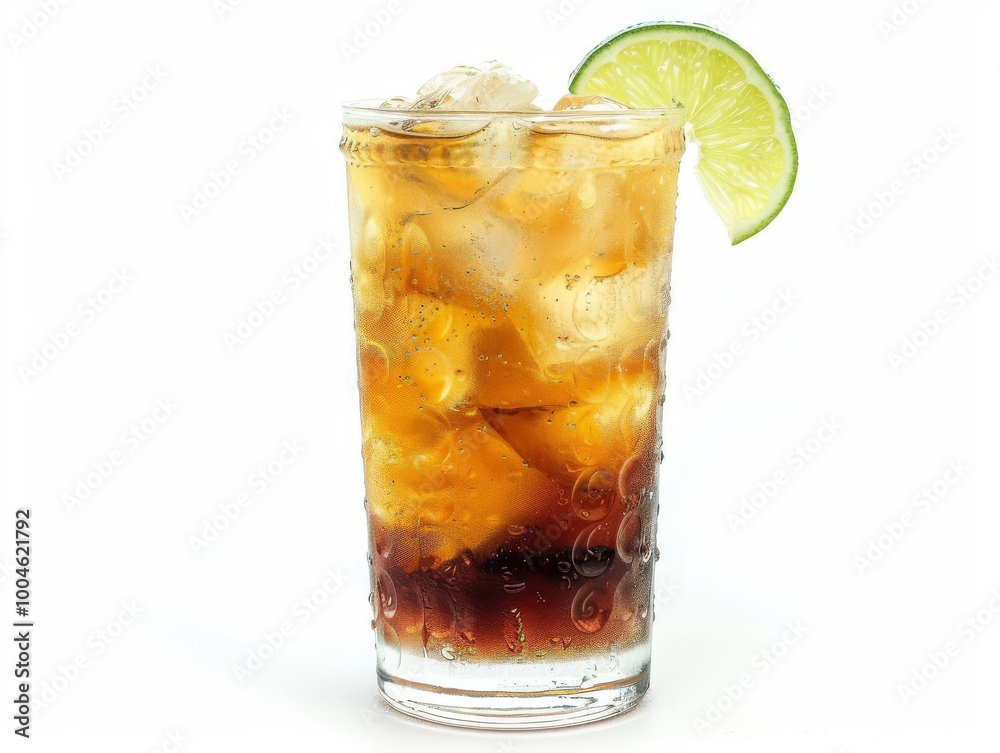 A dark and stormy cocktail in a highball glass with a lime wedge on a white background A dark and stormy cocktail in a highball glass with a lime wedge on a white background