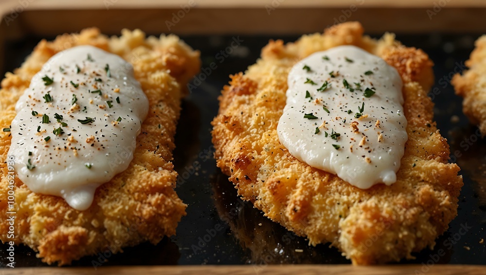 Breaded chicken strips showing white meat inside. Breaded chicken strips showing white meat inside.