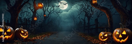 Terrible road to the cemetery and Halloween Jack Lantern pumpkin in a scary forest with a dead tree. Frightening mood, bats, light in the windows, full moon, fog, twilight. Illustration.  photo