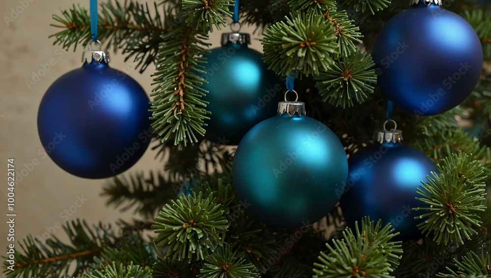 Bright blue ornaments on green branches, perfect for holiday decor. Bright blue ornaments on green branches, perfect for holiday decor.