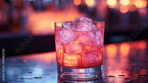 Cocktail glass filled with ice cubes is sitting on bar countertop at night