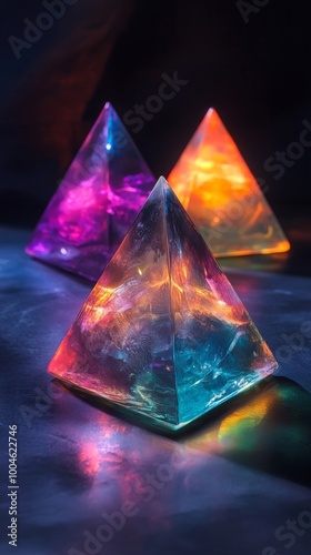 Colorful resin pyramid objects casting rainbow reflections on surface