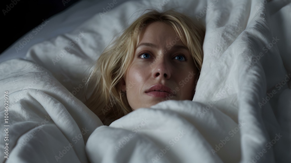 Blonde Woman Hiding Under a White Blanket in Bed, Expressing Fear and Anxiety Blonde Woman Hiding Under a White Blanket in Bed, Expressing Fear and Anxiety