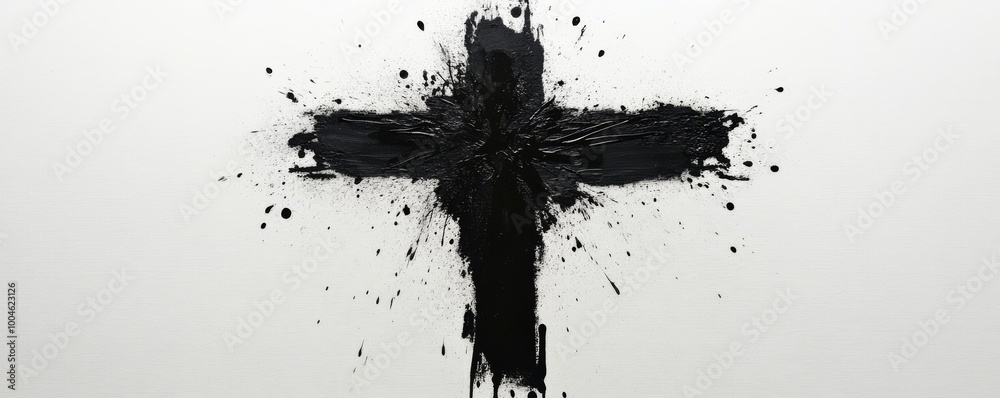 Black paint splattering forming a cross shape Black paint splattering forming a cross shape