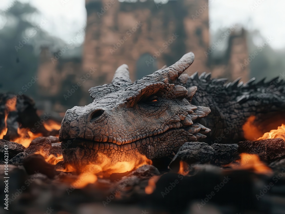 Ancient castle ruins deep in the forest, dragon sleeping in the courtyard, glowing embers around its mouth, Historical Fantasy, Digital Art Ancient castle ruins deep in the forest, dragon sleeping in the courtyard, glowing embers around its mouth, Historical Fantasy, Digital Art