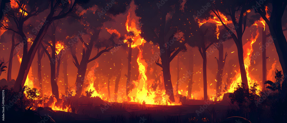 illustration vector forest on fire in cartoon style