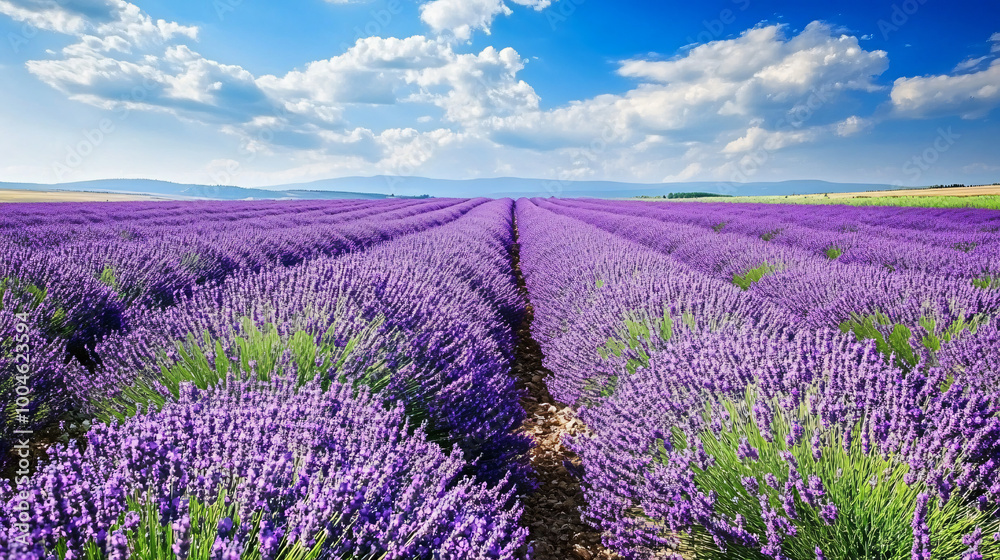 Naklejka premium A lavender field in full bloom stretching into the horizon.