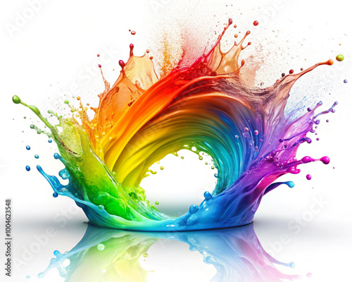 A lively rainbow splash dances on a spotless white background