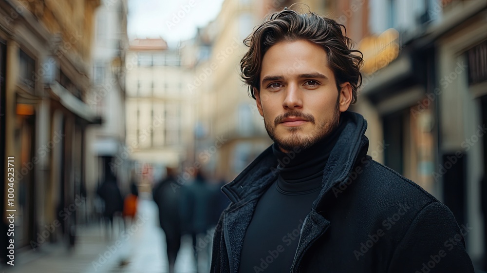 A young man in a black coat stands in the street. This photo can be used for articles about fashion, lifestyle, or urban life. A young man in a black coat stands in the street. This photo can be used for articles about fashion, lifestyle, or urban life.