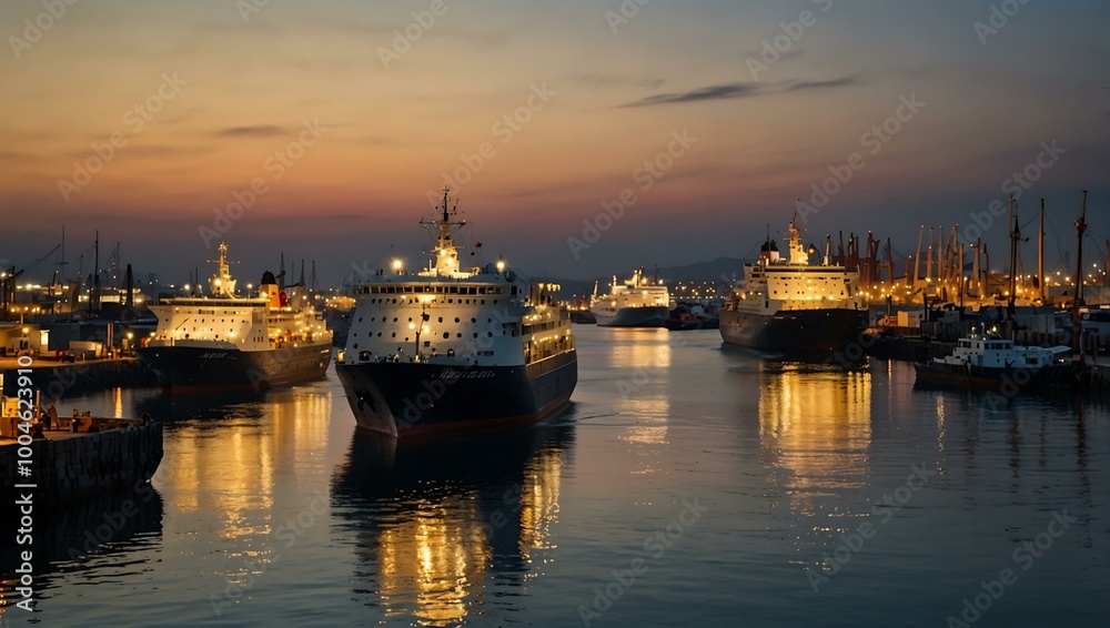 Bustling port scene at dusk with ships reflecting in the water. Bustling port scene at dusk with ships reflecting in the water.
