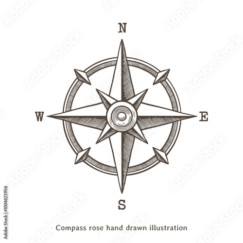 Compass illustration. Vintage compass rose hand drawn illustration