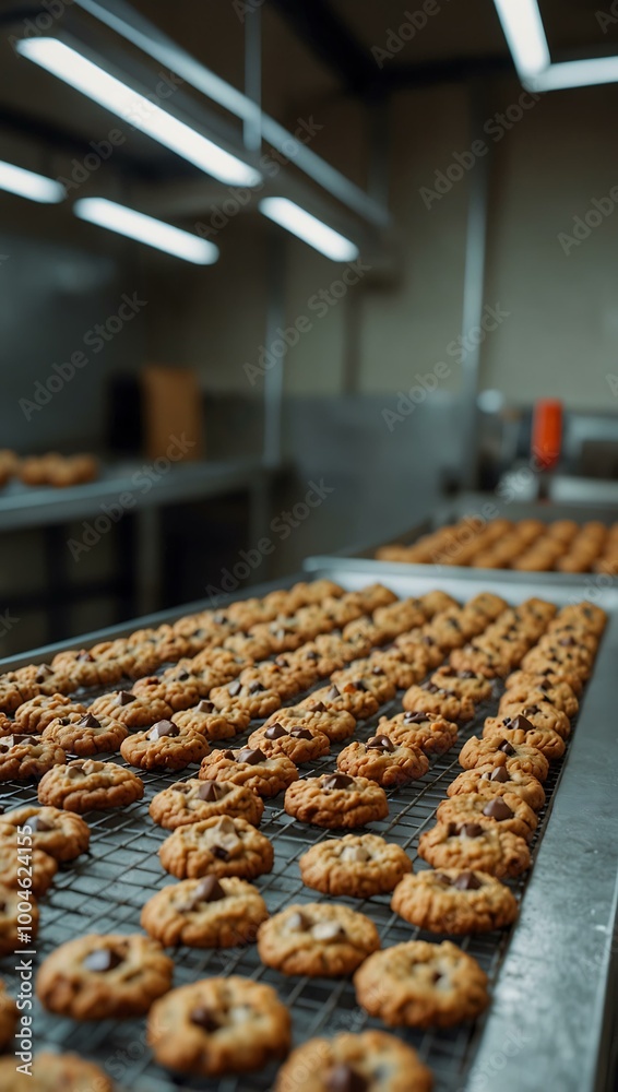 Busy cookie production facility highlighting efficiency.