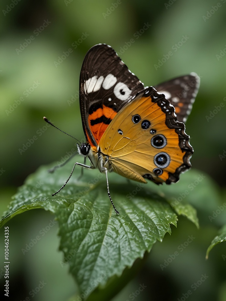 Butterfly perched on a green leaf.