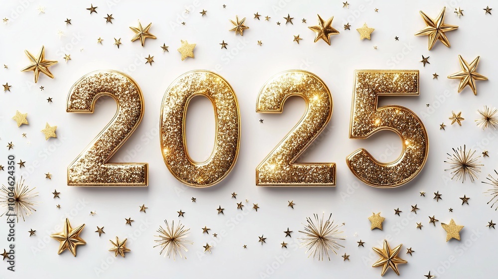 Golden 2025 numbers with stars and sparkles. Golden 2025 numbers with stars and sparkles.