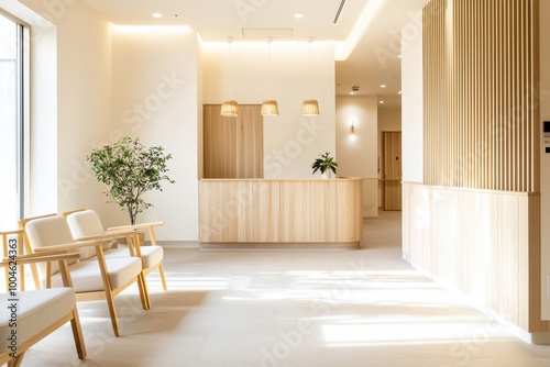 Wallpaper Mural Bright and modern interior of a minimalist reception area featuring wooden furniture and natural light. Torontodigital.ca